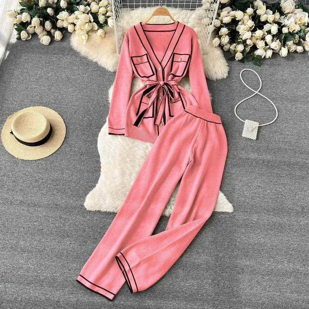Contrast Color Suit Women's Long Sleeve V-neck Lace-up Knitwear Draping Wide Leg Trousers Two-piece Set - EX-STOCK Canada