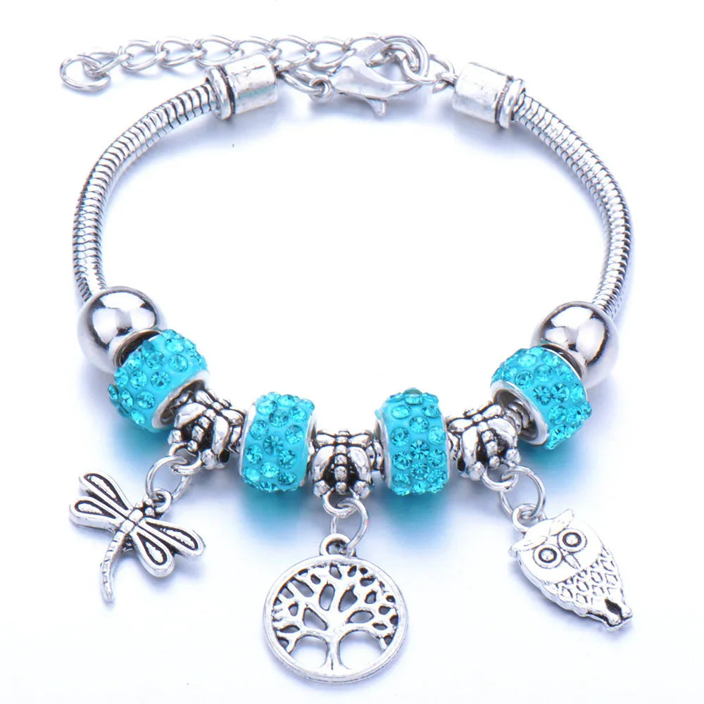 Crown, peach heart, owl, elephant pendant, multi-element large beads, retro female bracelet EX-STOCK Canada