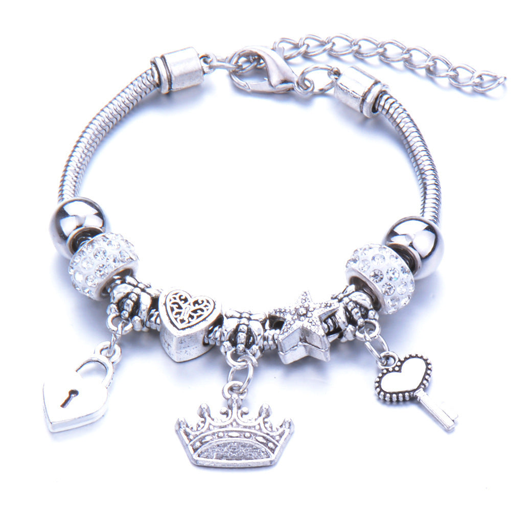 Crown, peach heart, owl, elephant pendant, multi-element large beads, retro female bracelet EX-STOCK Canada