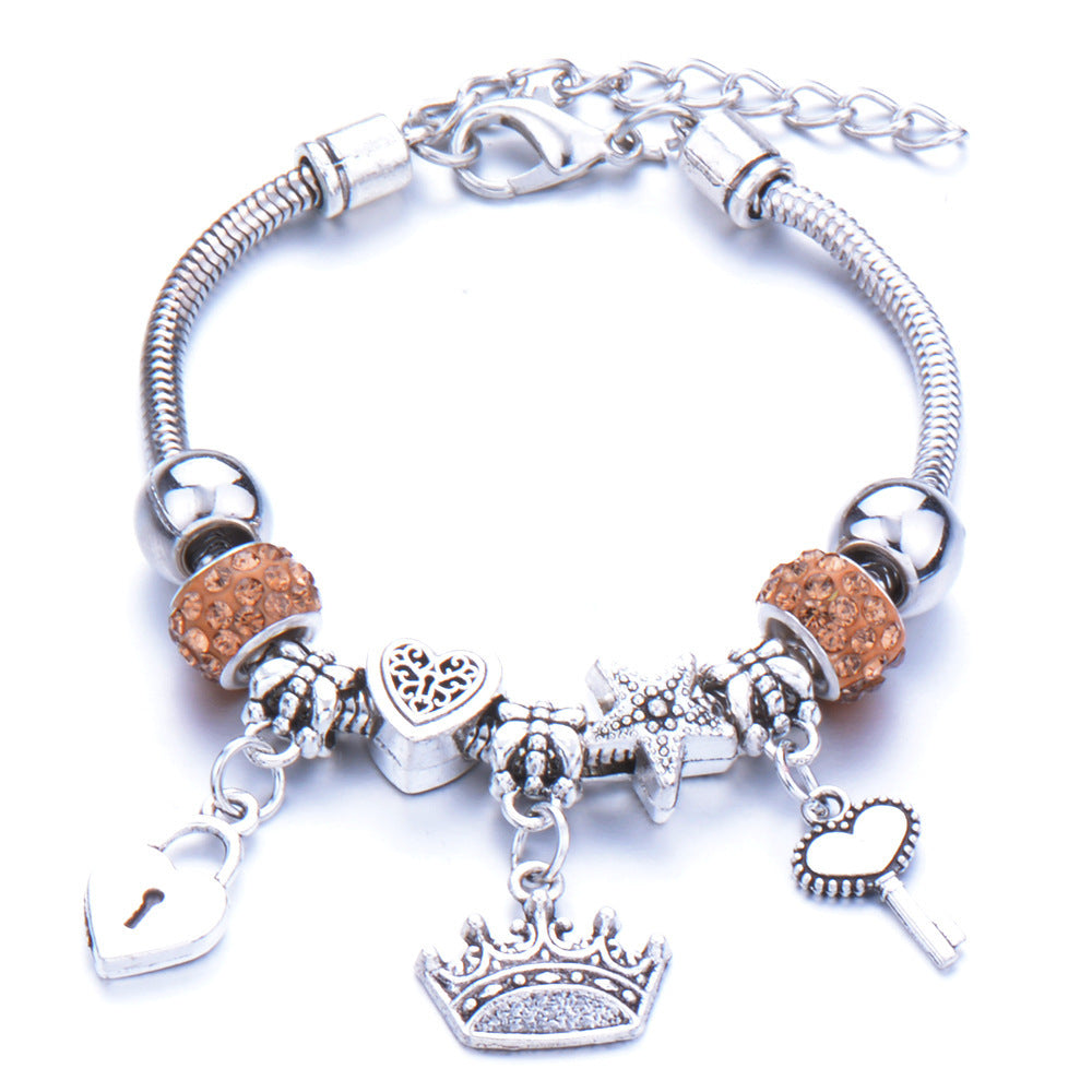 Crown, peach heart, owl, elephant pendant, multi-element large beads, retro female bracelet EX-STOCK Canada