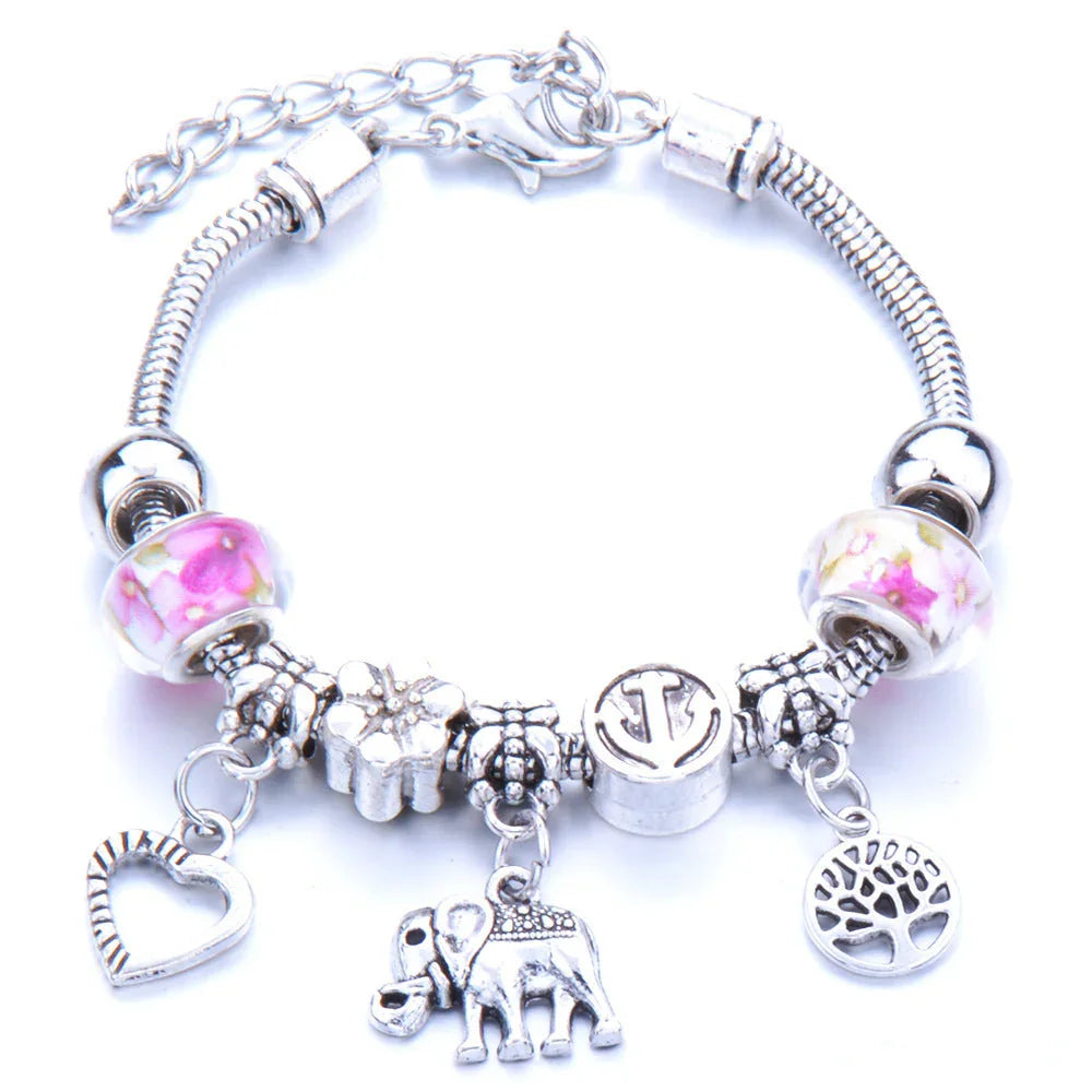 Crown, peach heart, owl, elephant pendant, multi-element large beads, retro female bracelet EX-STOCK Canada