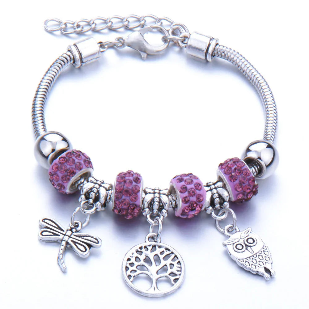 Crown, peach heart, owl, elephant pendant, multi-element large beads, retro female bracelet EX-STOCK Canada