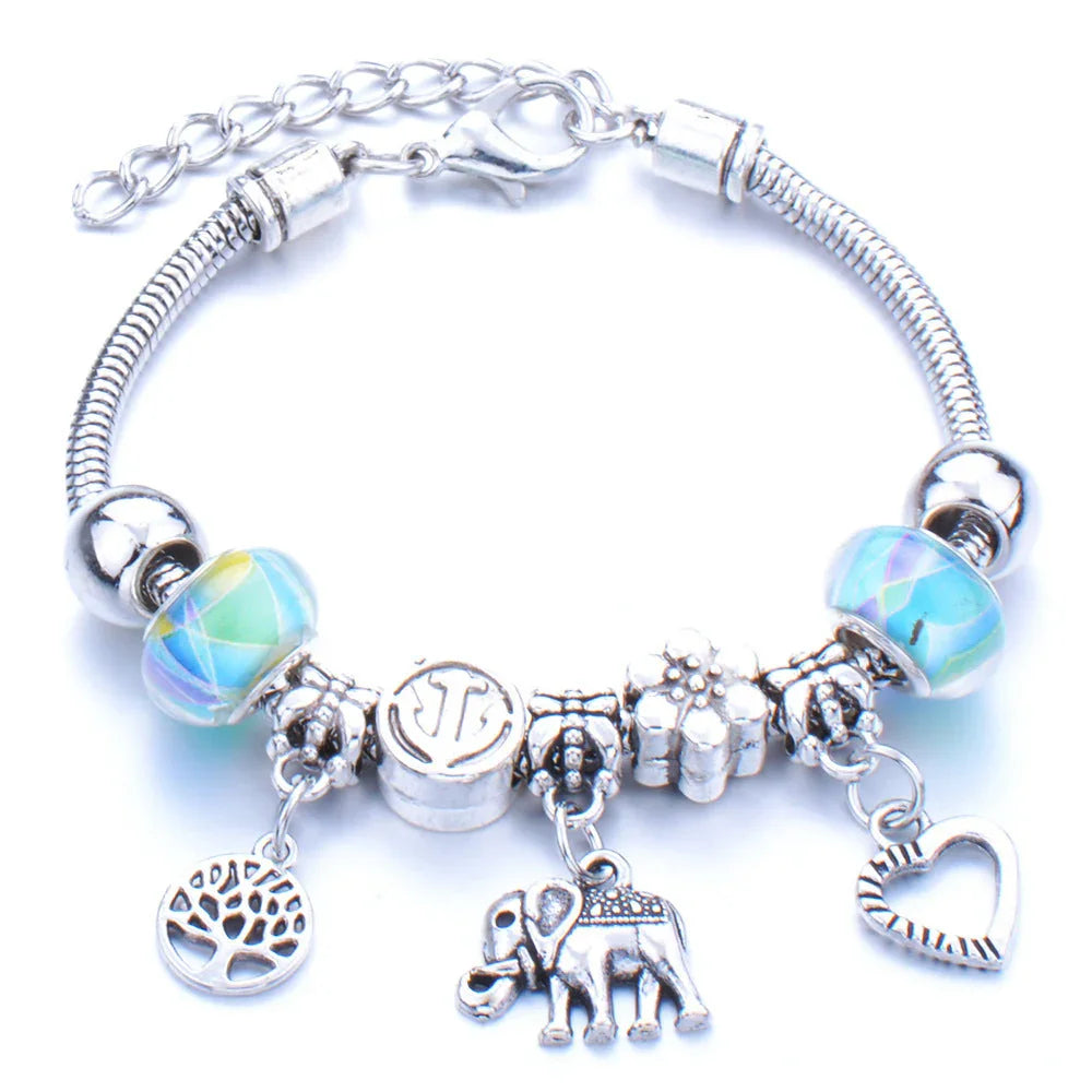 Crown, peach heart, owl, elephant pendant, multi-element large beads, retro female bracelet EX-STOCK Canada