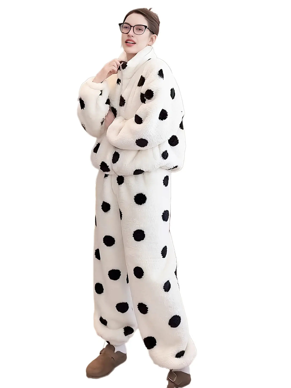 Cute Casual Pajamas For Women Winter Fleece-lined Thickened Polka Dot Turtleneck Drawstring Suit - EX-STOCK Canada