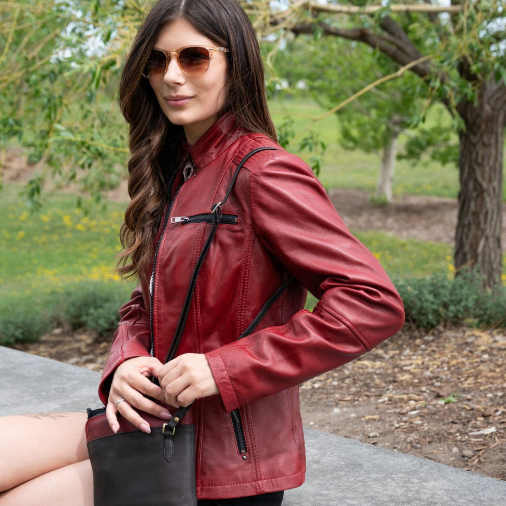 Women's Classic Lamb Leather Jacket. Round Collar with Studs, 4 Zippered Pockets & Shoulder Accent Stitching