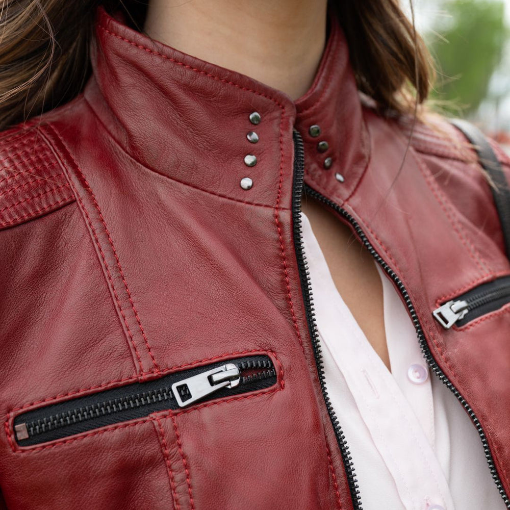 Women's Classic Lamb Leather Jacket. Round Collar with Studs, 4 Zippered Pockets & Shoulder Accent Stitching