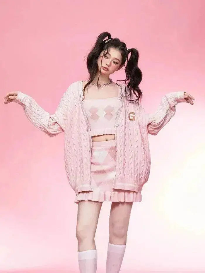 Diamond Vest Spaghetti Straps Knitted Cardigan Coat Three-piece Set - EX-STOCK Canada