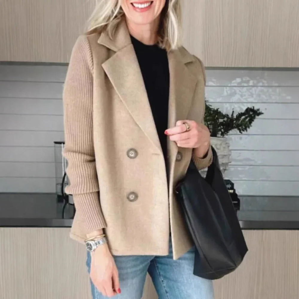 Double Breasted Lapel Jacket Fashion Knitted Sleeves Splicing Design Coat Outerwear EX-STOCK Canada