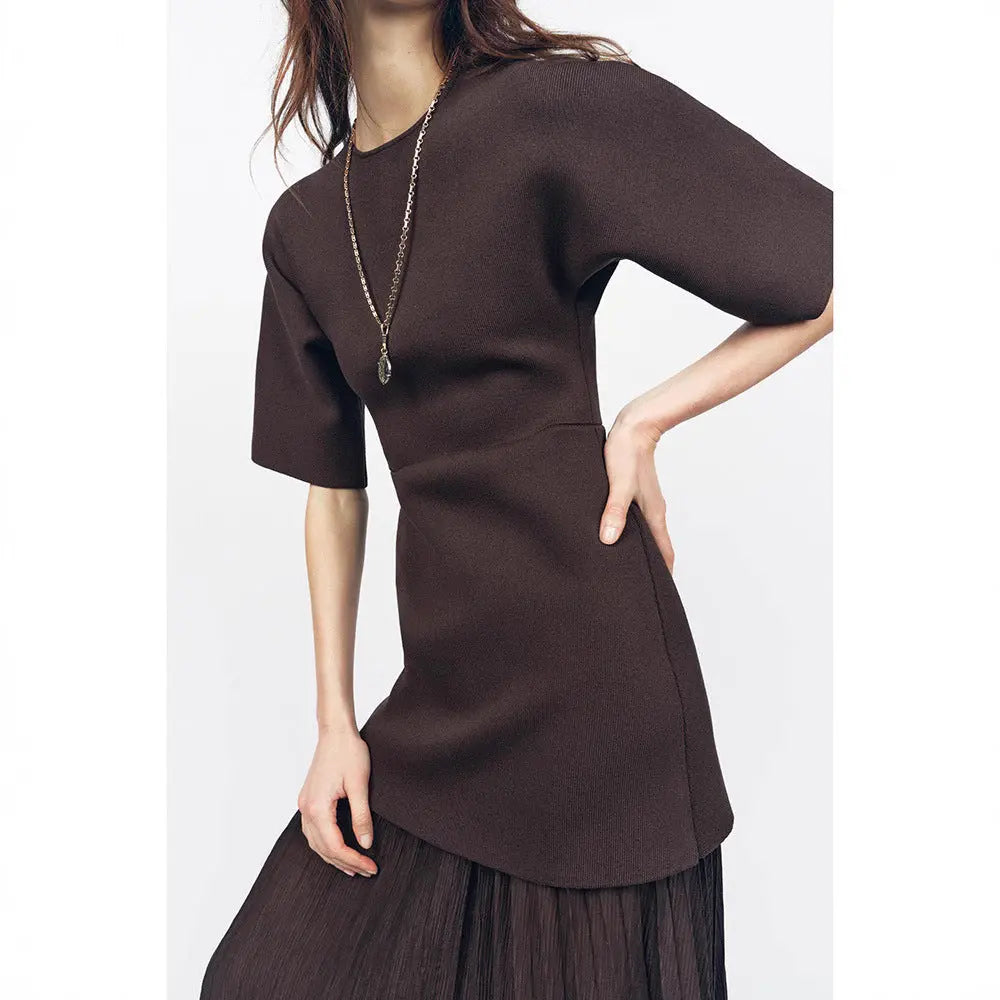 Elegant Brown Patchwork Pleated Short Sleeves Long Dress - EX-STOCK Canada