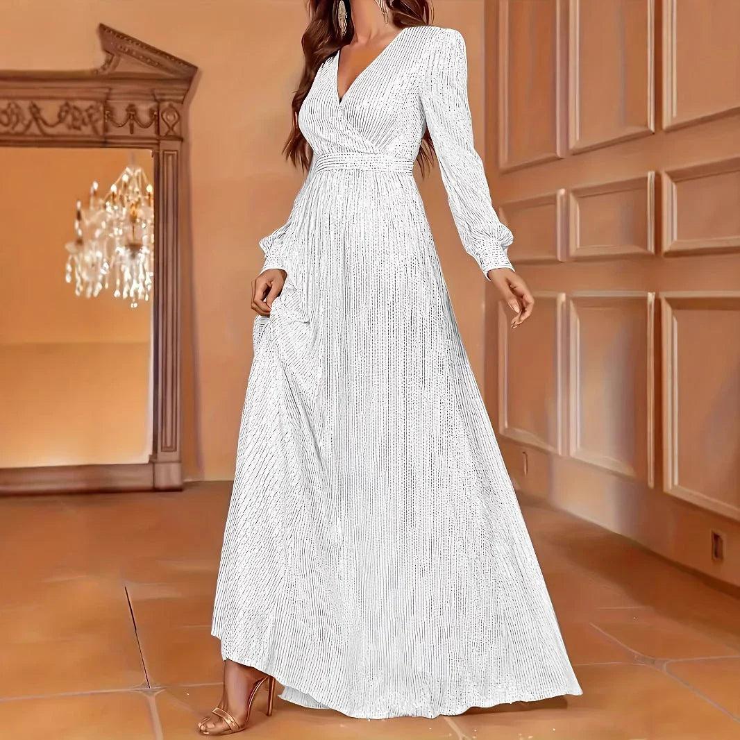 Elegant Dinner Sequined Long Sleeve V-neck High Waist Evening Dress EX-STOCK Canada