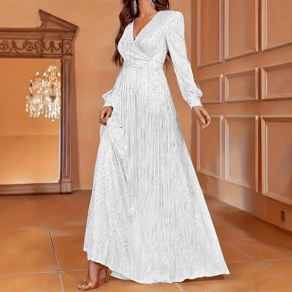 Robe de soirée élégante à manches longues pailletées, col en V, taille hauteEX-STOCK Canada