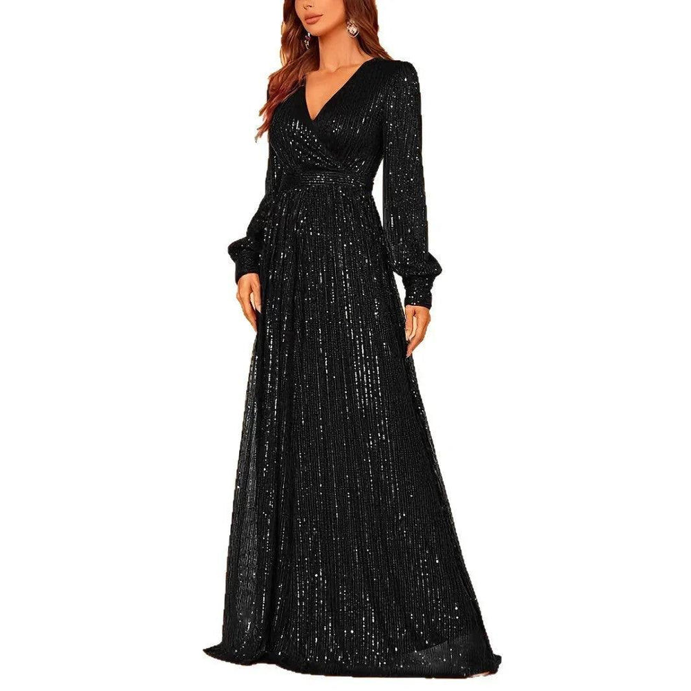 Robe de soirée élégante à manches longues pailletées, col en V, taille hauteEX-STOCK Canada