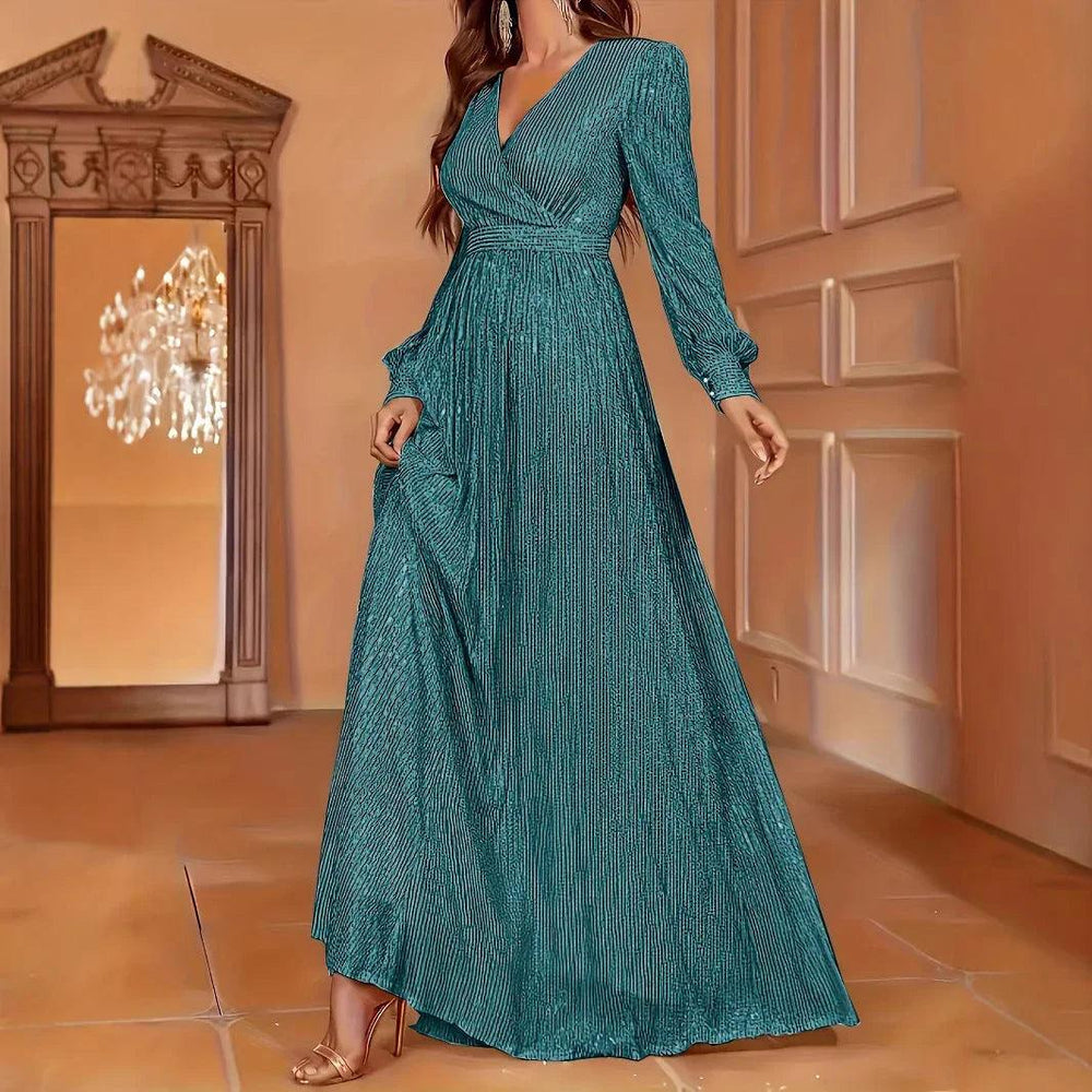 Robe de soirée élégante à manches longues pailletées, col en V, taille hauteEX-STOCK Canada