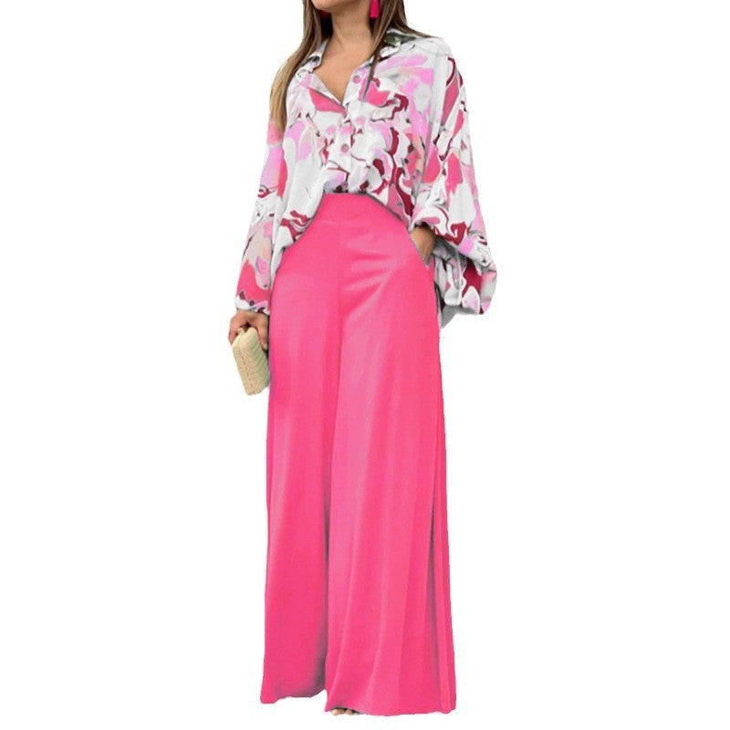 Loose And Elegant Casual Printed Shirt Top Wide Leg Pants Fashion Suit EX-STOCK Canada