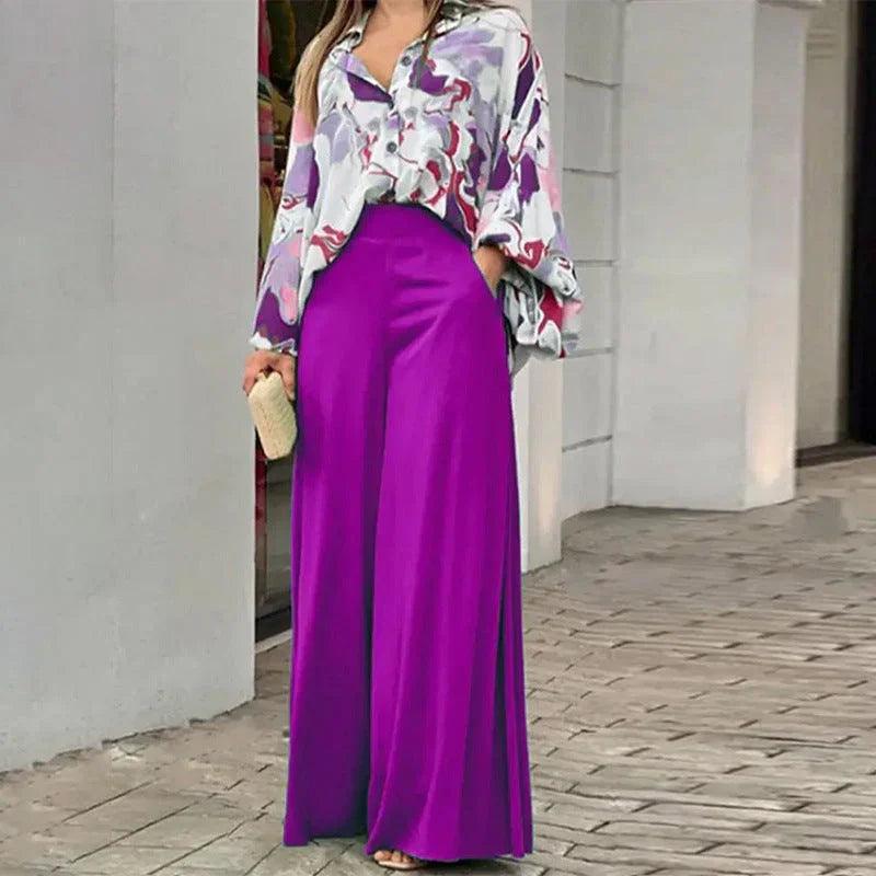 Loose And Elegant Casual Printed Shirt Top Wide Leg Pants Fashion Suit EX-STOCK Canada