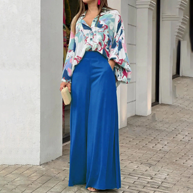 Loose And Elegant Casual Printed Shirt Top Wide Leg Pants Fashion Suit EX-STOCK Canada