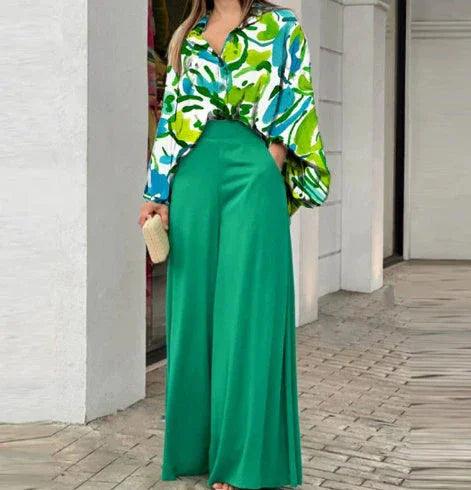 Loose And Elegant Casual Printed Shirt Top Wide Leg Pants Fashion Suit EX-STOCK Canada
