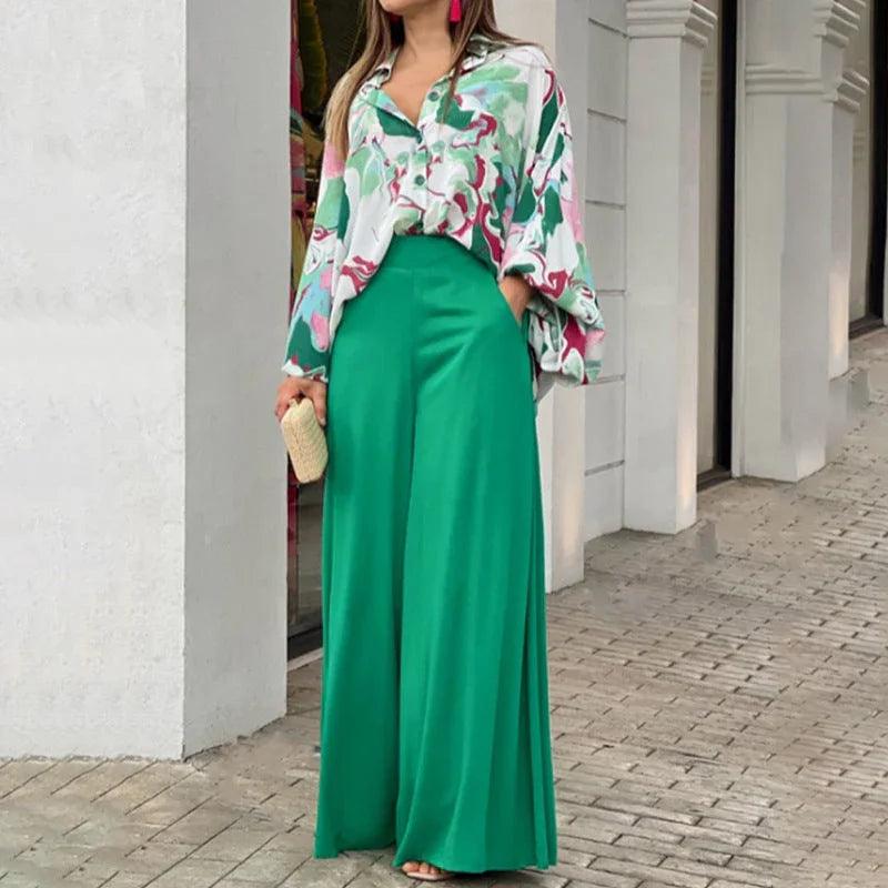 Loose And Elegant Casual Printed Shirt Top Wide Leg Pants Fashion Suit EX-STOCK Canada