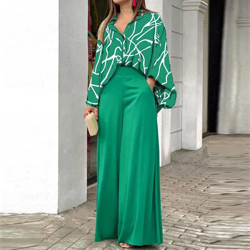 Loose And Elegant Casual Printed Shirt Top Wide Leg Pants Fashion Suit EX-STOCK Canada