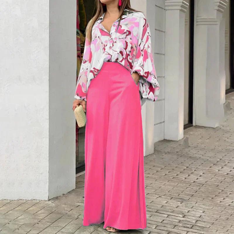 Loose And Elegant Casual Printed Shirt Top Wide Leg Pants Fashion Suit EX-STOCK Canada