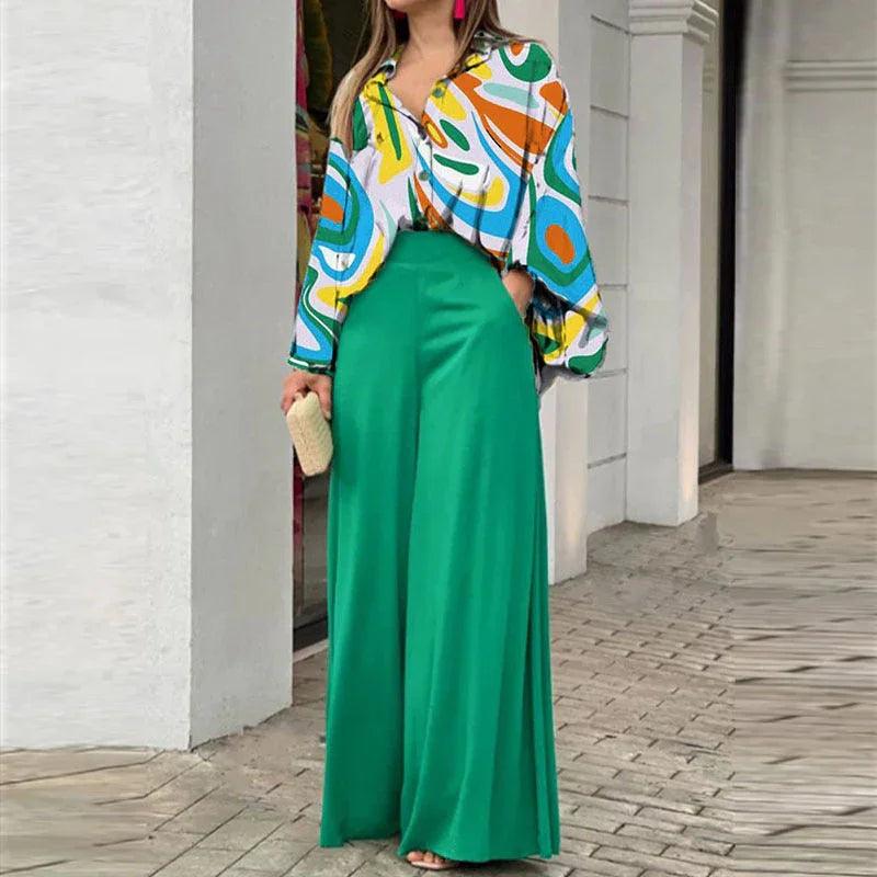 Loose And Elegant Casual Printed Shirt Top Wide Leg Pants Fashion Suit EX-STOCK Canada