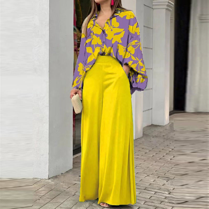 Loose And Elegant Casual Printed Shirt Top Wide Leg Pants Fashion Suit EX-STOCK Canada
