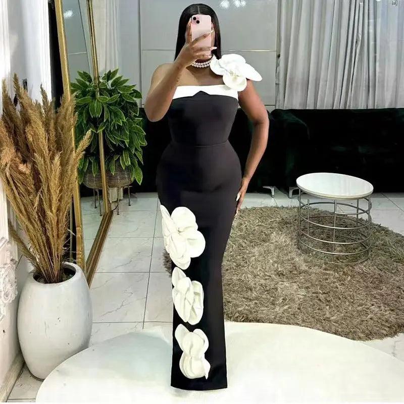 Embroidered Flower Black Long Tube Top Dress Wedding Evening Party Cocktail Dress - EX-STOCK Canada