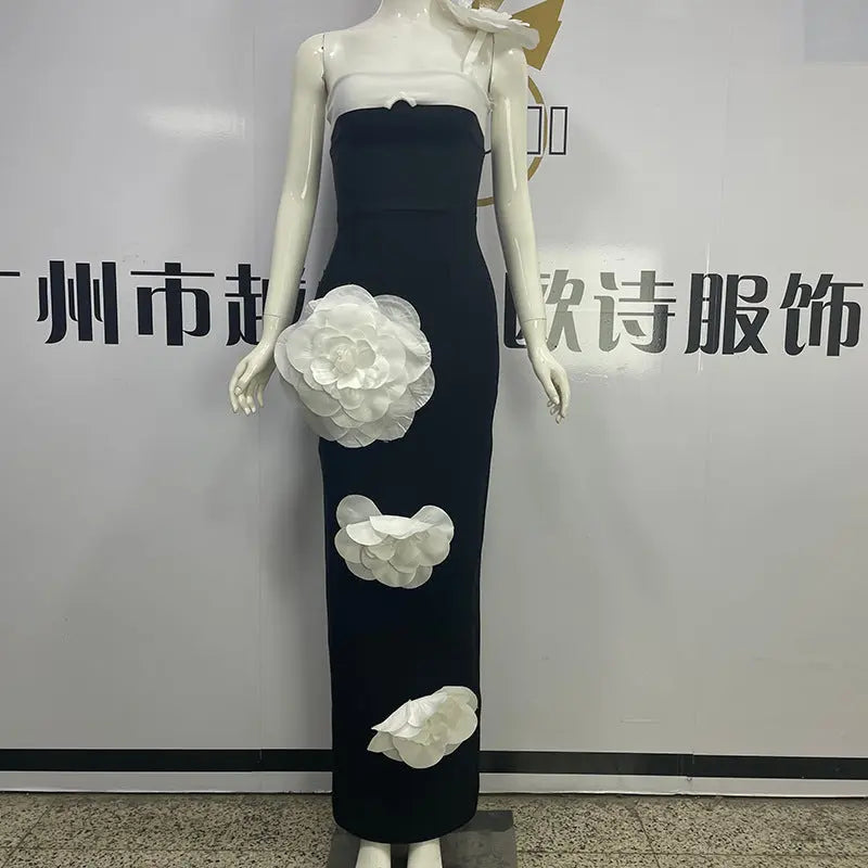 Embroidered Flower Black Long Tube Top Dress Wedding Evening Party Cocktail Dress - EX-STOCK Canada