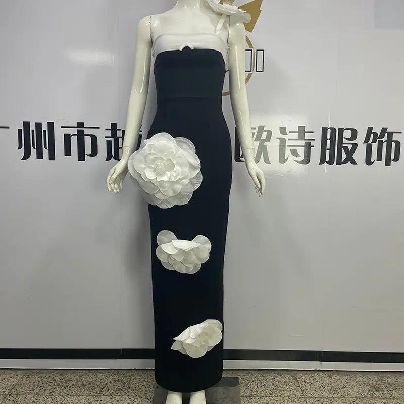 Embroidered Flower Black Long Tube Top Dress Wedding Evening Party Cocktail Dress - EX-STOCK Canada