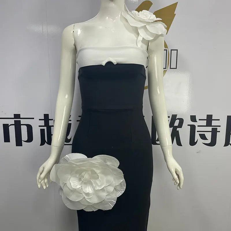 Embroidered Flower Black Long Tube Top Dress Wedding Evening Party Cocktail Dress - EX-STOCK Canada