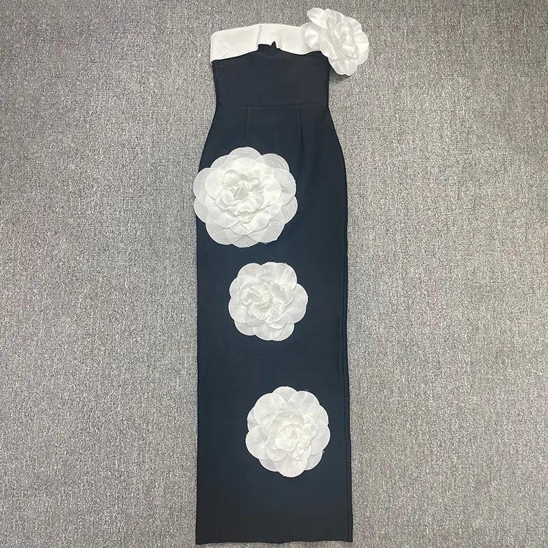 Embroidered Flower Black Long Tube Top Dress Wedding Evening Party Cocktail Dress - EX-STOCK Canada