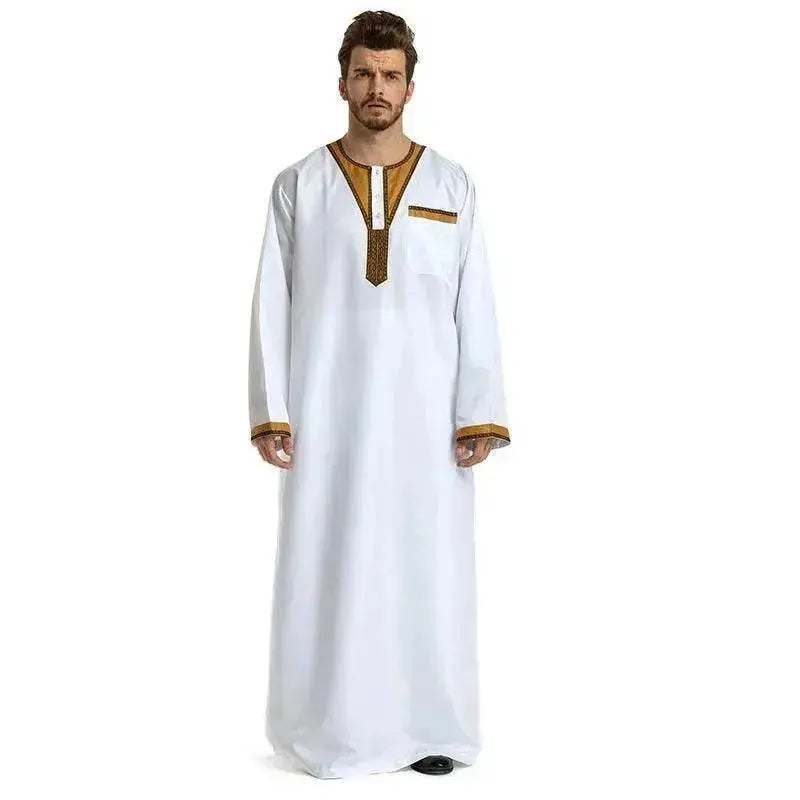 Fashionable and Elegant Round Neck Stitching Long-Sleeved Arab Hui Robe Male Moroccan Men's Jalabiya - EX-STOCK Canada