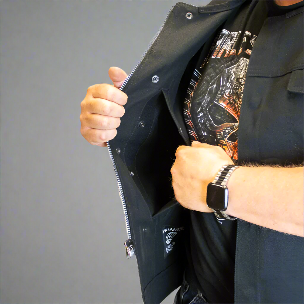 Chaleco de mezclilla para hombre de motociclista de First MFG Co.EX-STOCK Canada