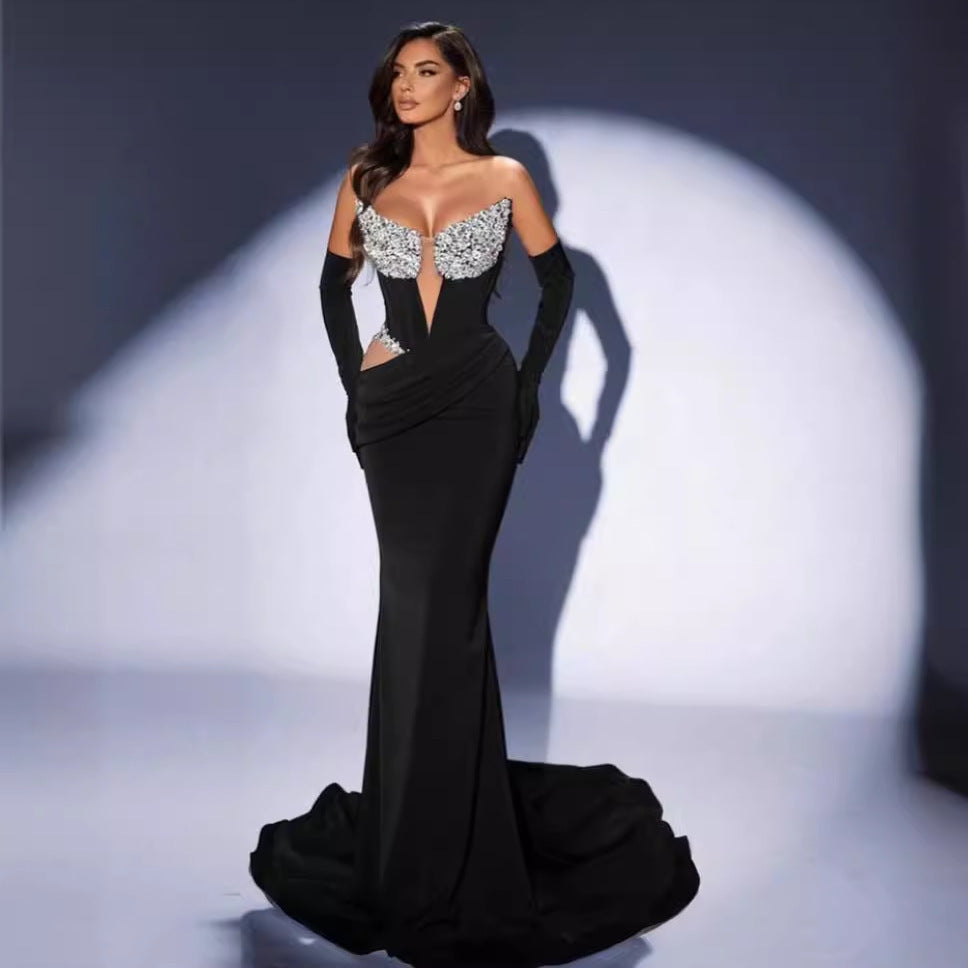 Gloves Hollow-out Low Cut Velvet Tube Top Dress Dinner Party EX-STOCK Canada