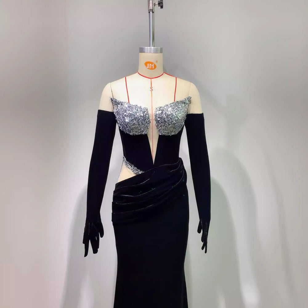 Gloves Hollow-out Low Cut Velvet Tube Top Dress Dinner Party EX-STOCK Canada