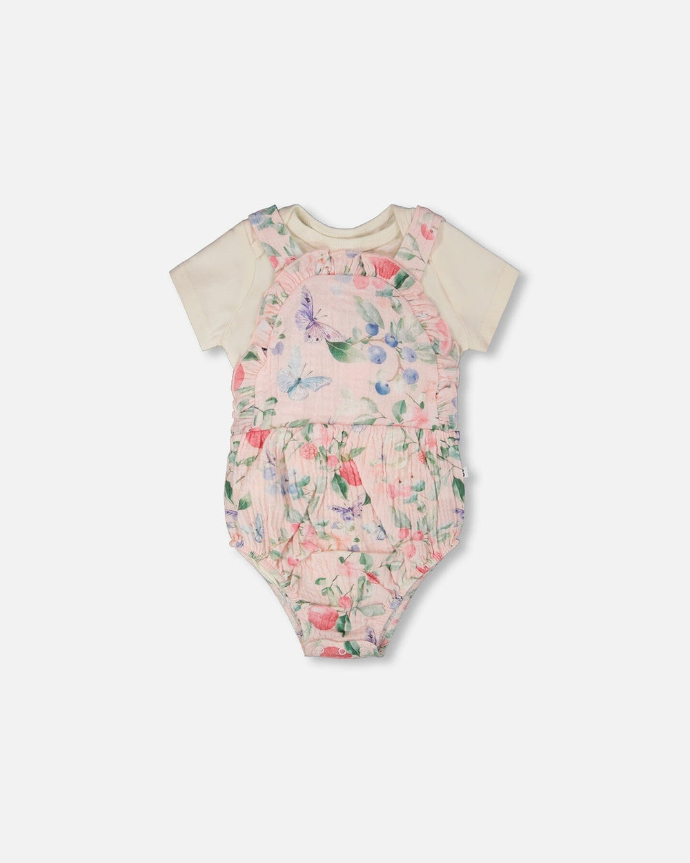 Ensemble body en jersey de coton biologique et salopette en mousseline Blanc et rose imprimé baies