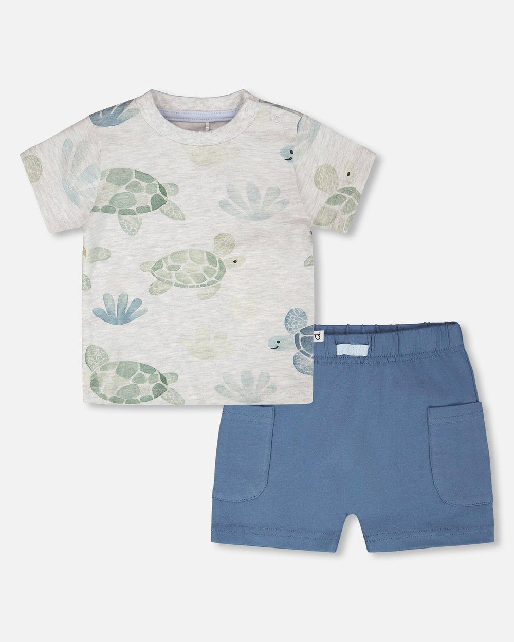 Jersey T-Shirt And Organic Cotton Jersey Shorts Set Grey Mix Turtle Print And Medium Blue