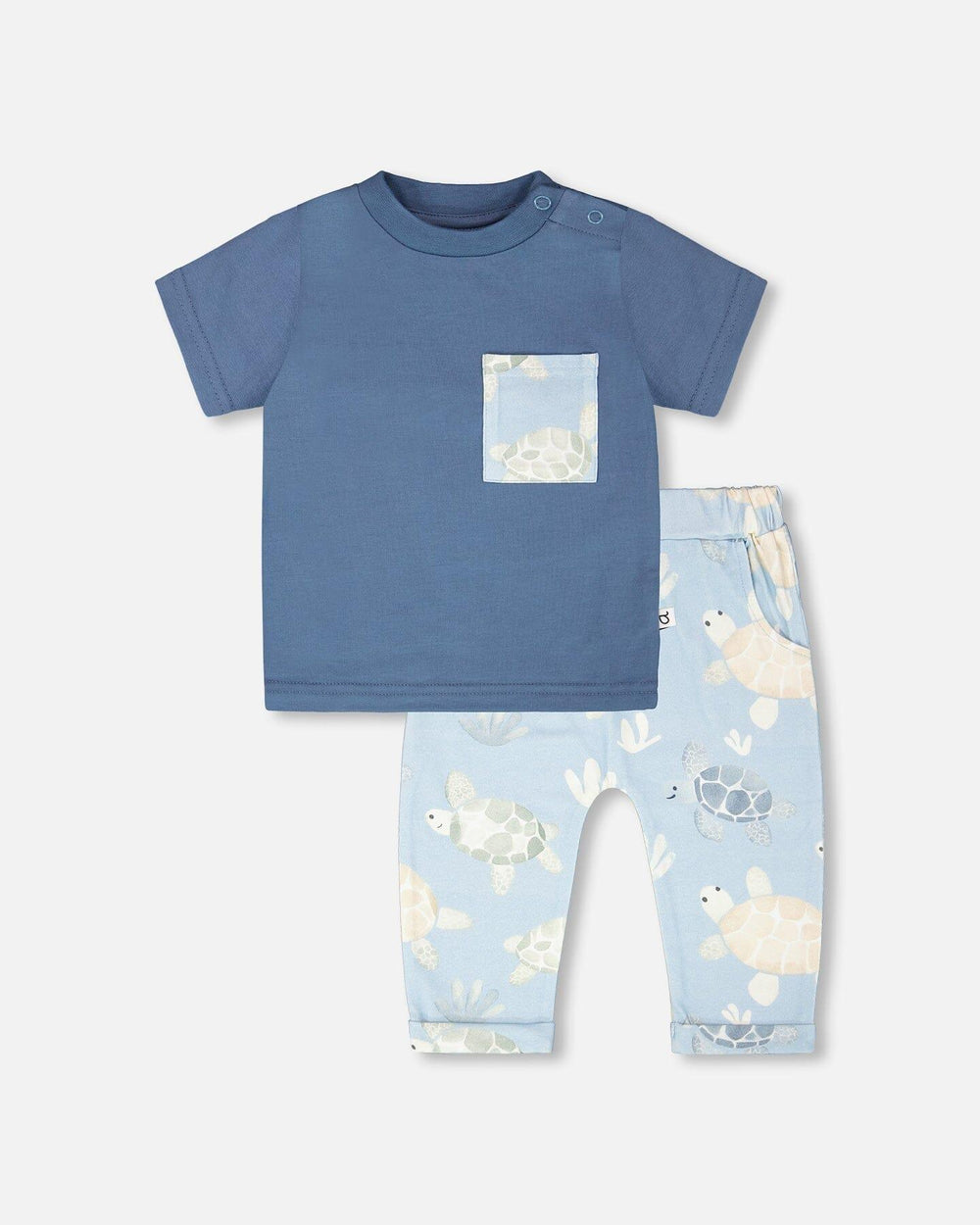 Organic Cotton Jersey T-Shirt And Pants Set Medium Blue And Blue Turtle Print