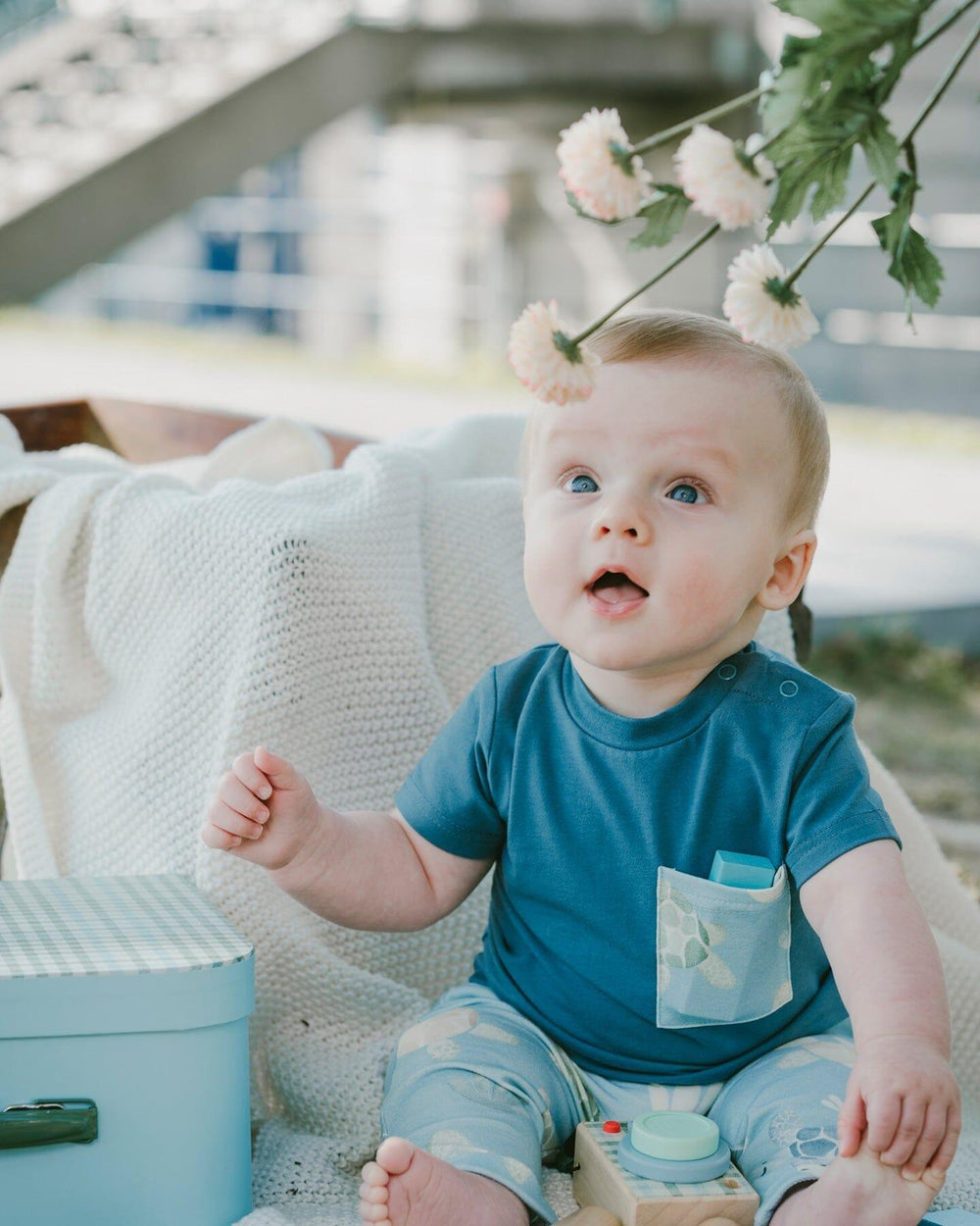 Organic Cotton Jersey T-Shirt And Pants Set Medium Blue And Blue Turtle Print