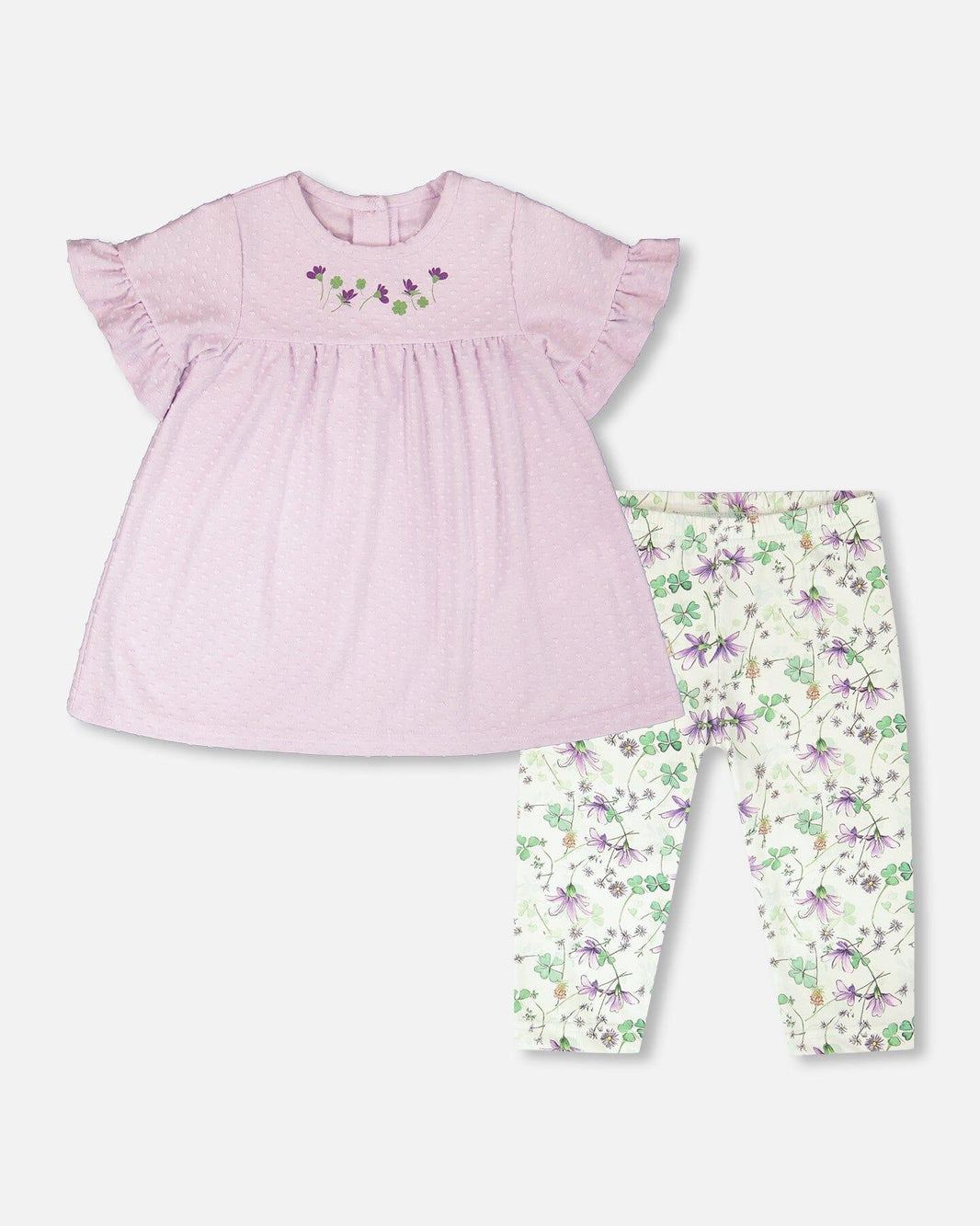 Ensemble Tunique en Jersey et Capri en Coton Lavande et Vert à Fleurs Imprimées
