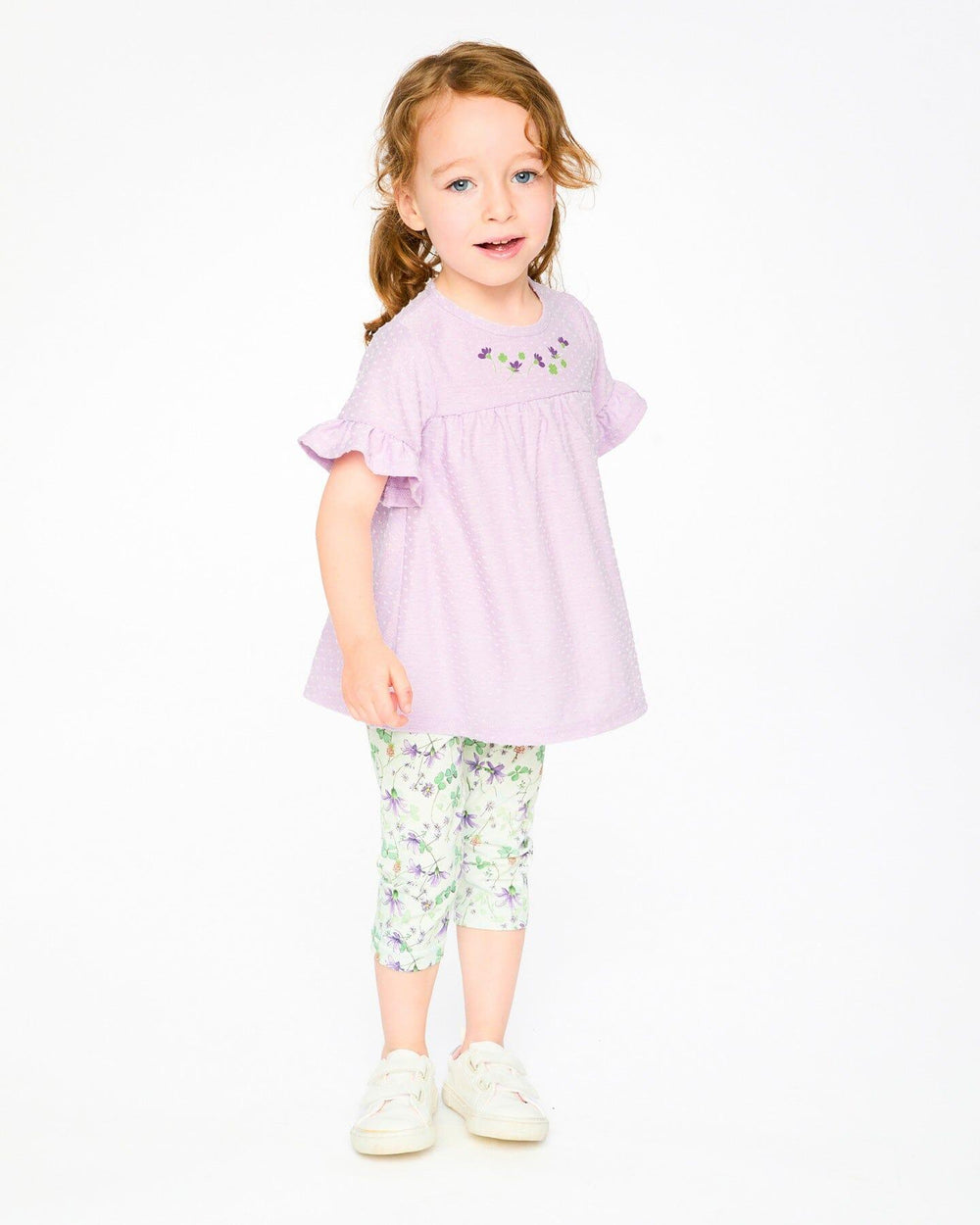 Ensemble Tunique en Jersey et Capri en Coton Lavande et Vert à Fleurs Imprimées