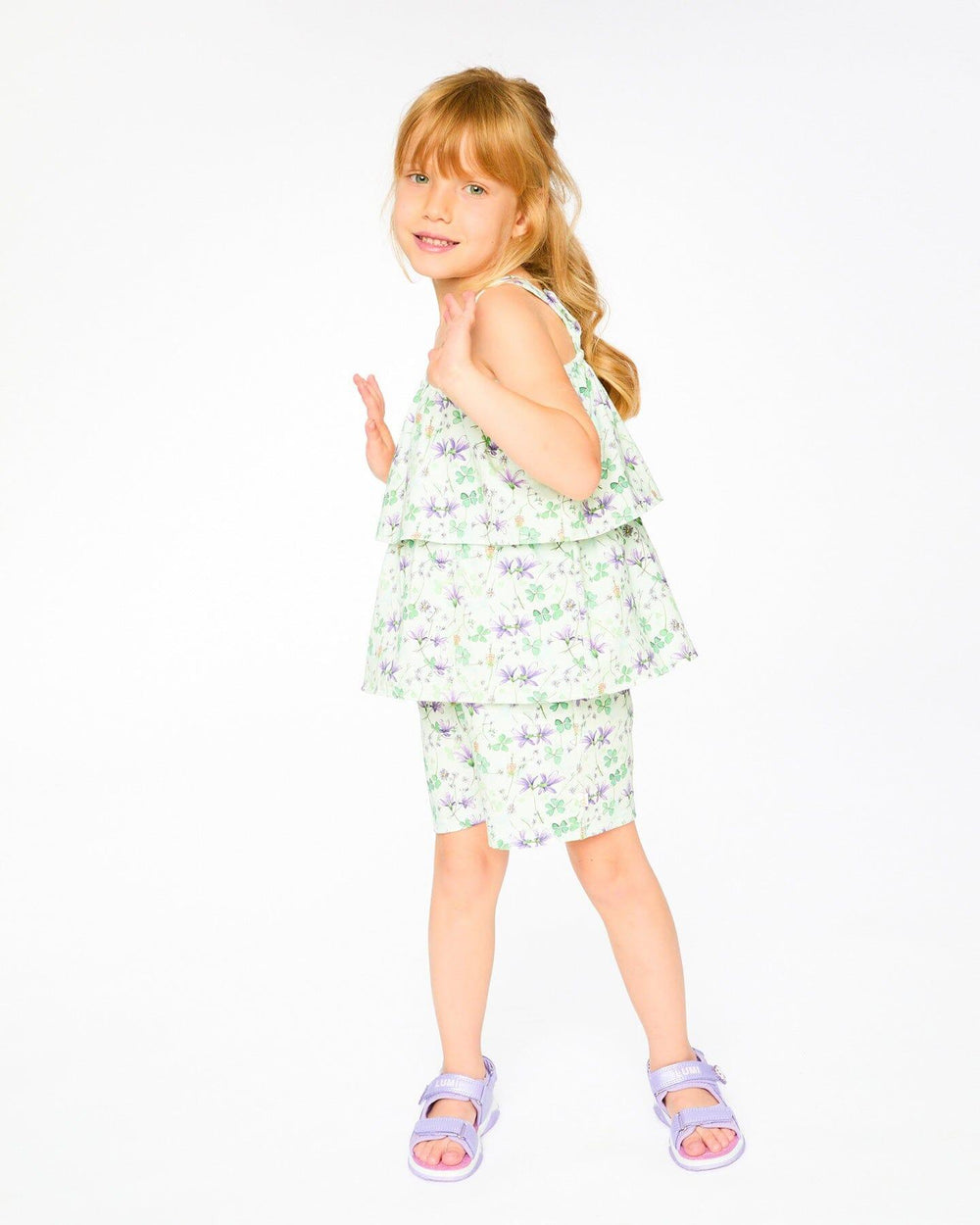 Jersey Romper With Tiers Green Printed Flowers