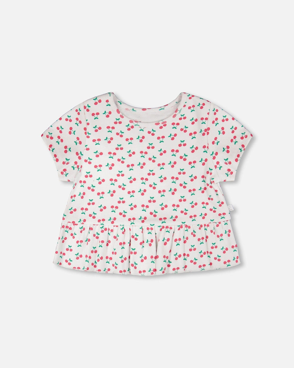 T-shirt côtelé à volants avec imprimé cerises blanches