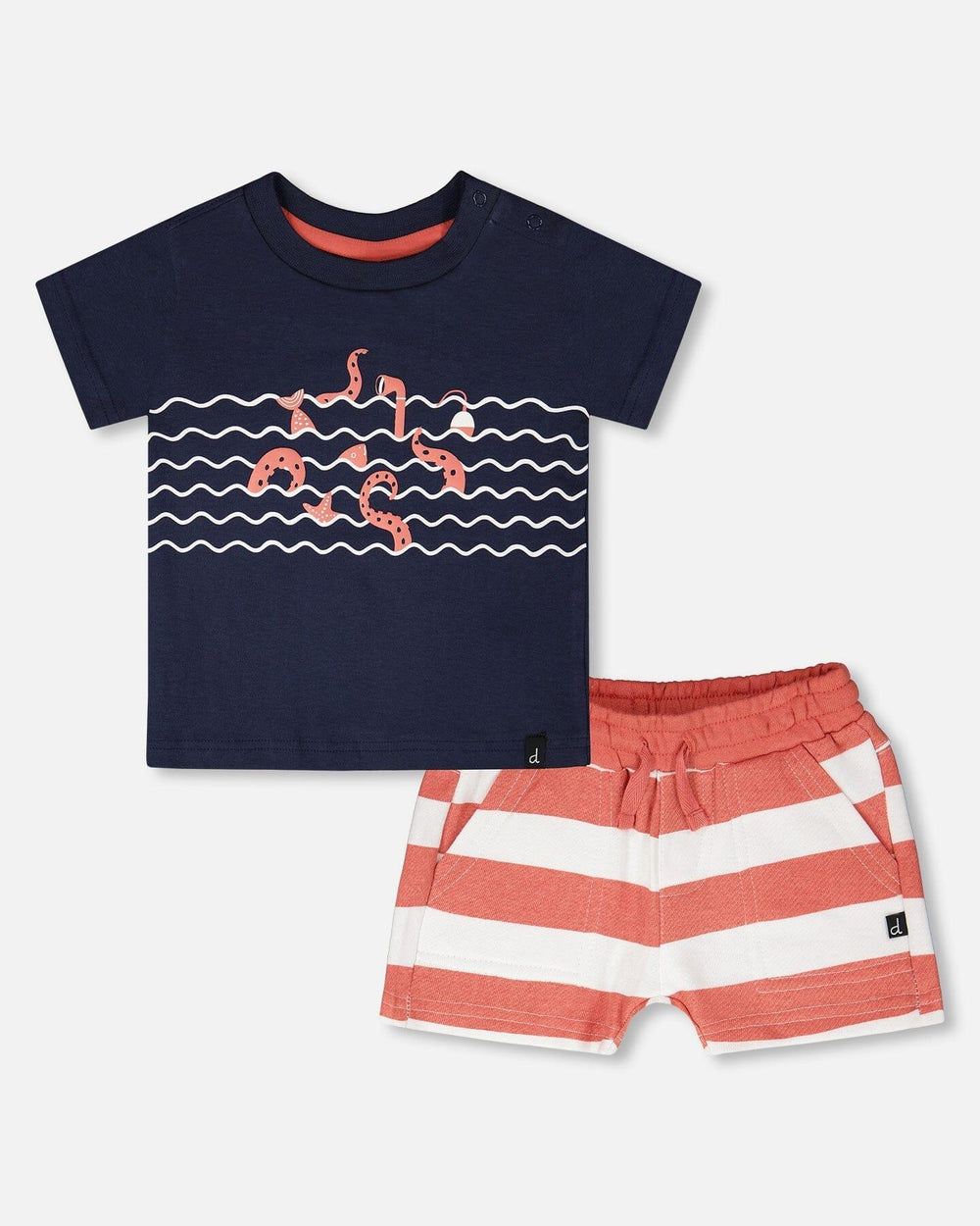 Ensemble T-shirt et short en coton bio à rayures bleues et brique