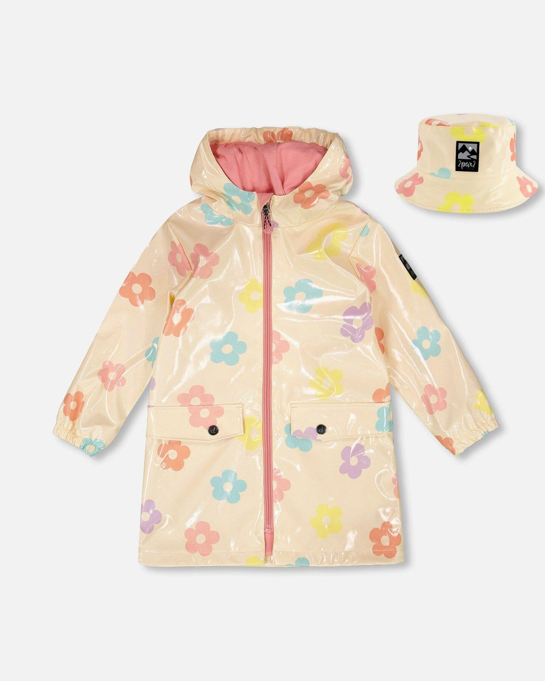 Ensemble Imperméable et Chapeau Beige à Fleurs Imprimées