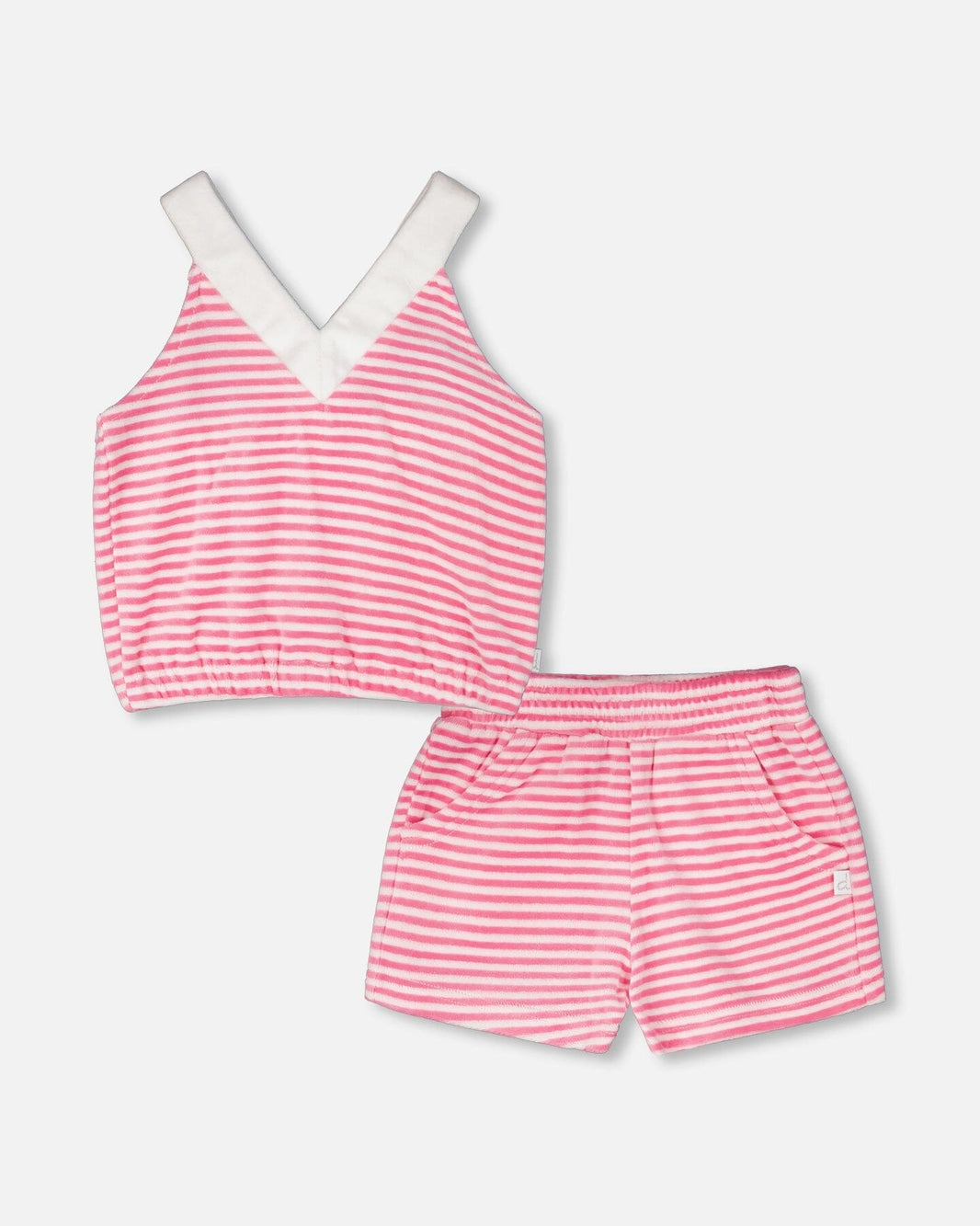Striped Terry Cloth Top And Short Set White And Pink