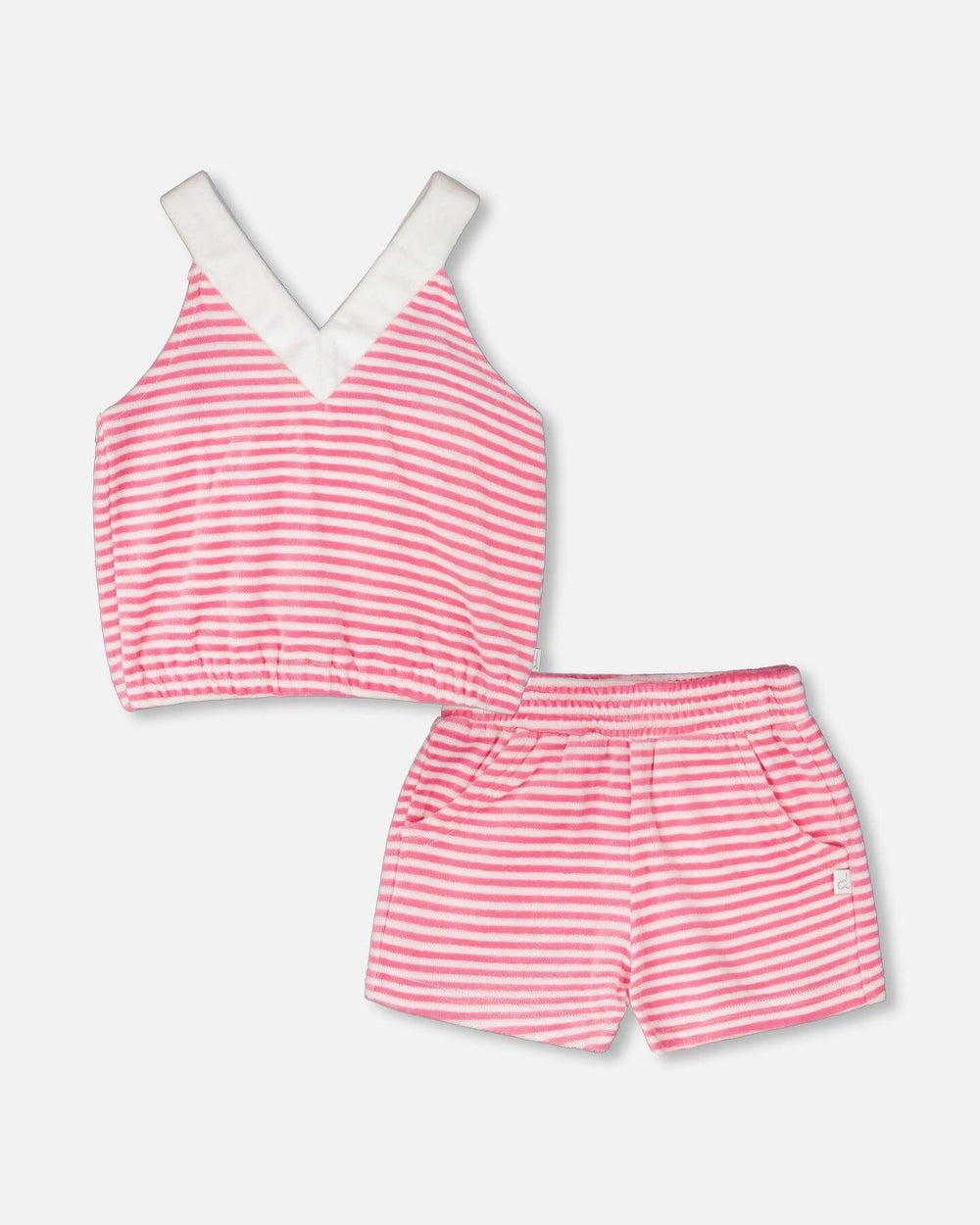 Ensemble Haut et Short en Éponge Rayée Blanc et Rose