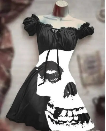 Halloween 3D Skull Print Women's Short Sleeve A- Line Skirt - EX-STOCK Canada