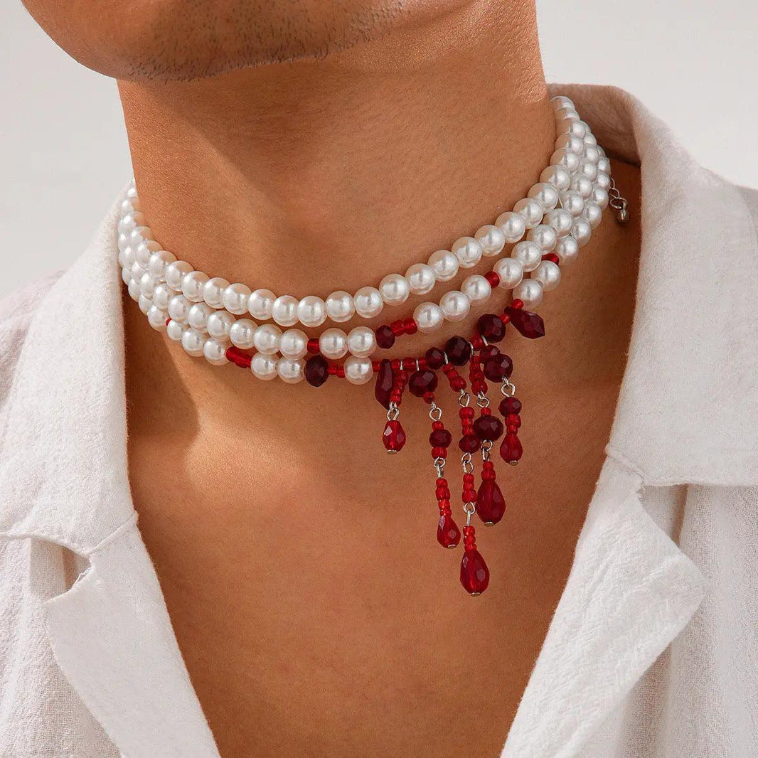 Halloween Blood Drop Tassel Pearl Crystal Necklace - EX-STOCK Canada
