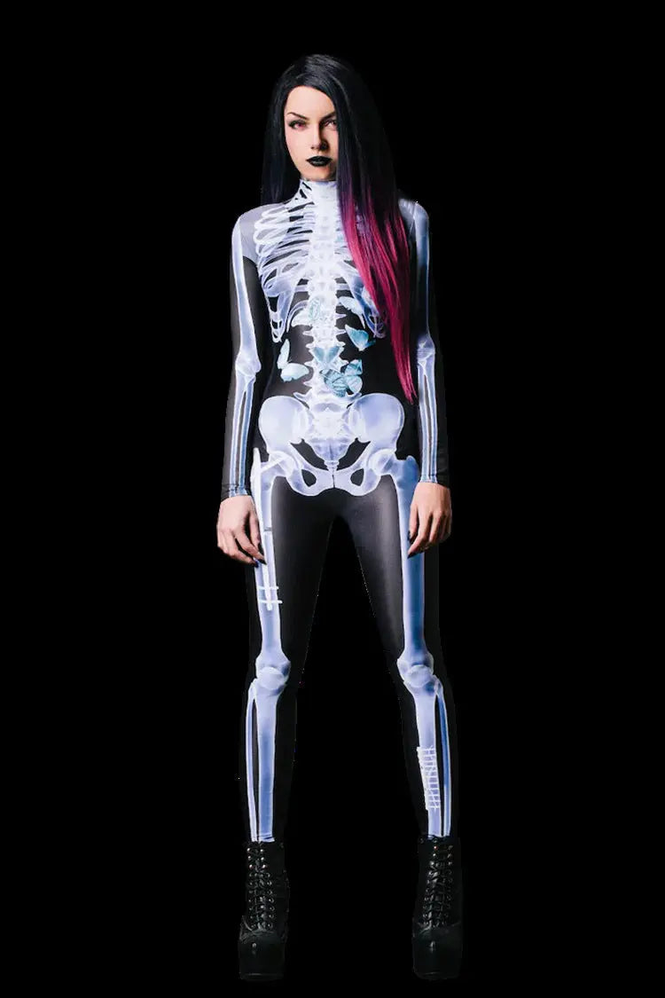 Halloween Long Sleeve Tights See-through Skeleton 3D Printed One-piece - EX-STOCK Canada
